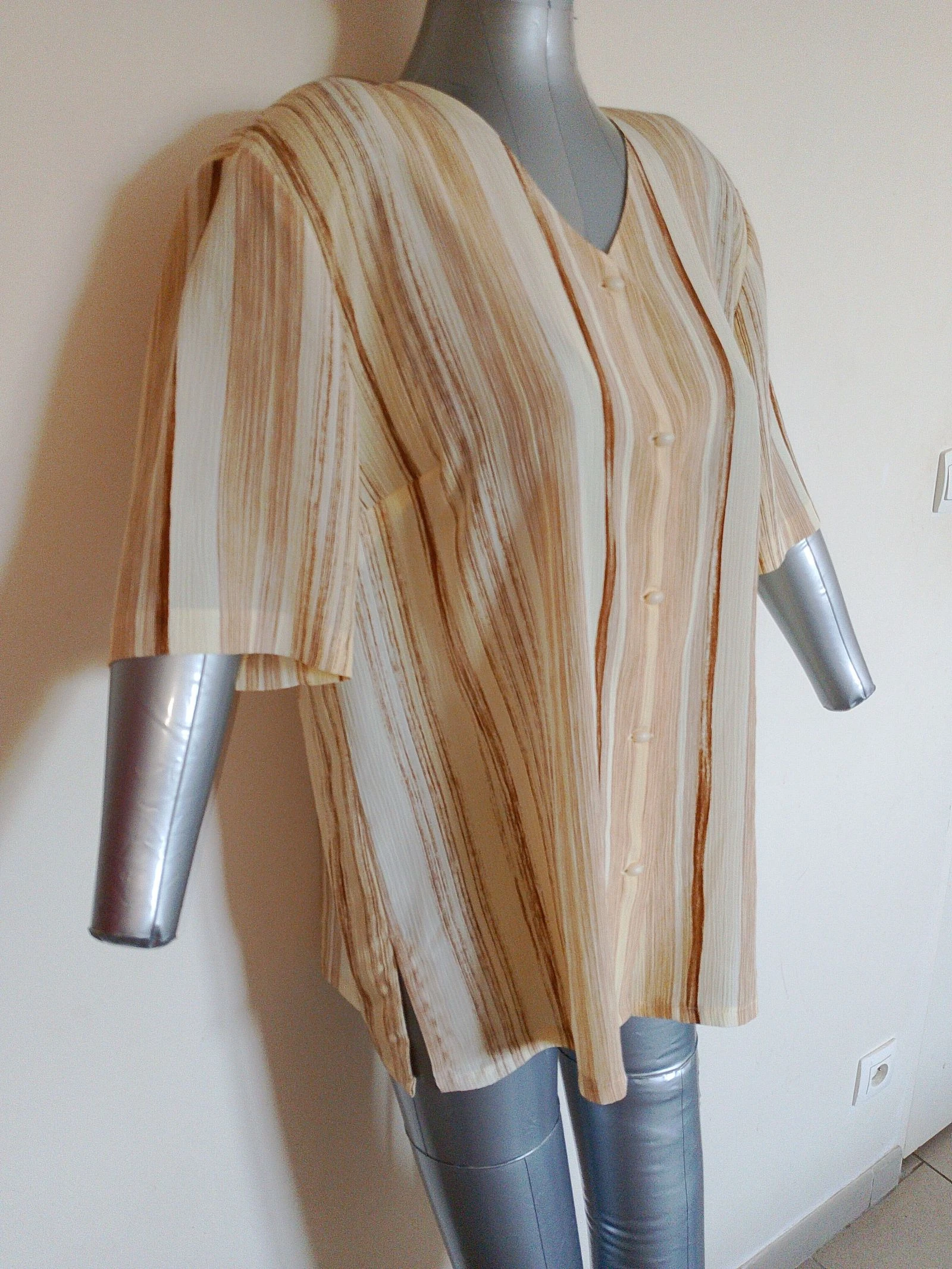 Chemisier vintage à rayures beige et marron - Taille 44 – photo 3